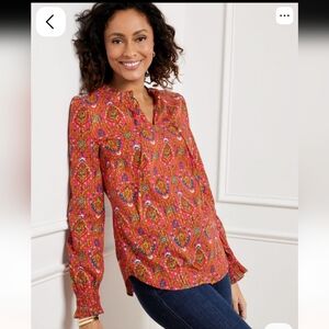 NWT Talbots Shirt Women Medium Orange Pink Paisley Blouse Fall Boho Peasant